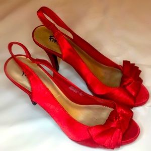 Fioni night red satin peep toe slingback pumps 3”